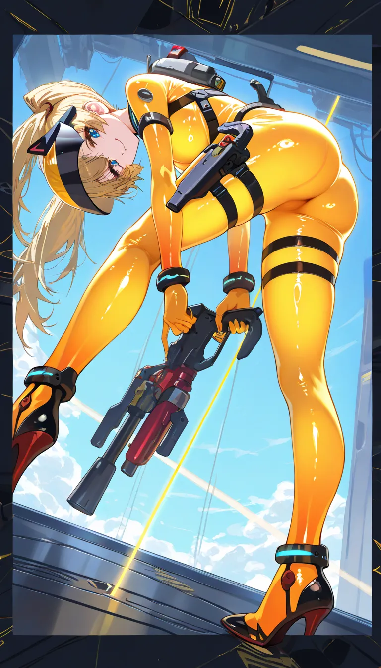 (beautiful girl : 1.3),1 girl,(TRANSPARENT BODYSUIT,Glowing Bodysuit,headgear,visor,black harness,belt,High Heels,Thigh Holster),blonde,twin tails,smile,embarrassing,Small Laser Gun,Cyberspace,active,dynamic angle,masterpiece,Highest Quality,Rich Contrast,high image quality,8k,High Definition CG Unit Wallpaper,texture,unbelievably absurd, RAW photos ,deep border 1 .2,very detailed