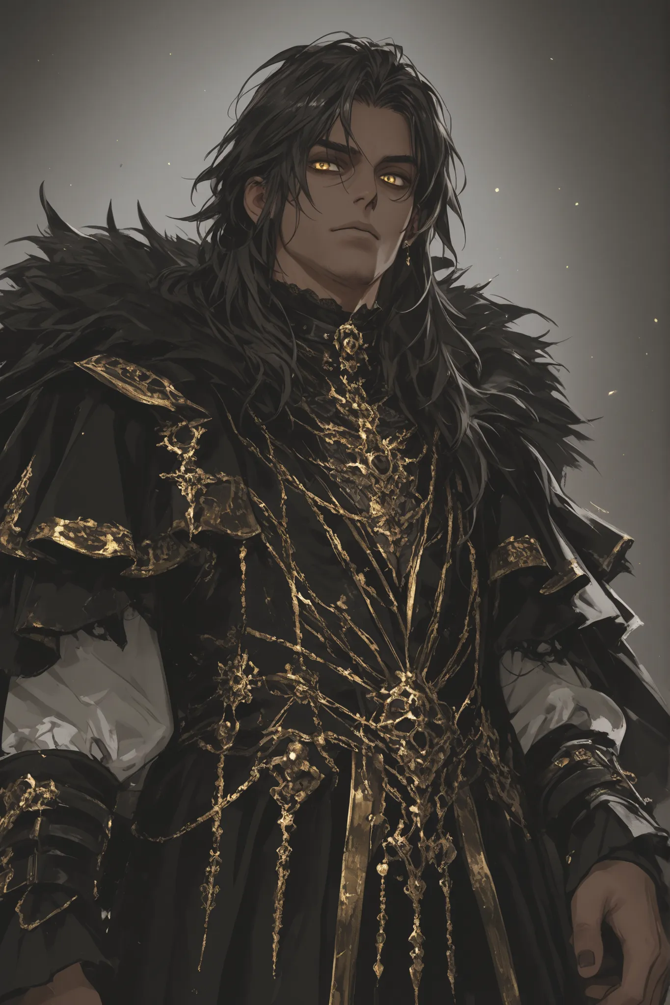 create a tall, masculine man with dark hair mid length, and golden eyes. aesthetic clothes dark gothic style mix with regal noble clothing.