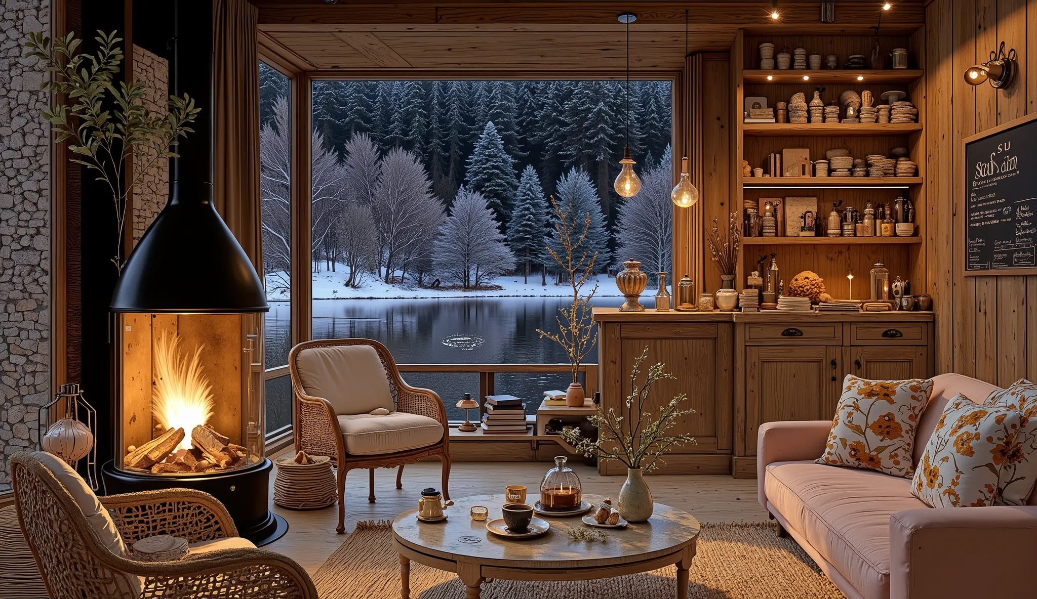 Cozy cabin with fireplace, không có cây Giáng sinhThe scene depicts a Cozy cabin with fireplace, rustic cafe, overlooking a beautiful lake, The interior has a wooden counter, on which a shiny metal coffee pot shines, symbolism of the art coffee floor and w...