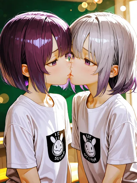 short girl, Sisters Girls,is young, flat chested,realisticな外観, big purple eyes, short bob、Two-tone purple hair and gray hair、Thin shirt、shy、 kiss、Classroom、細部にこだわったrealisticな影、movie stills, real、Highest Quality, realistic, 4K Rendering, ultra-fine texture,...