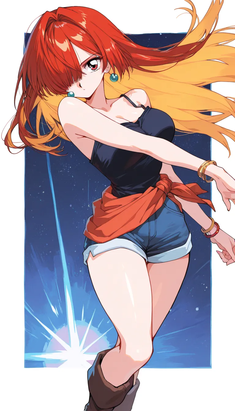 (beautiful girl : 1.3),1 girl,(camisole,bracelets,earrings,boots),Gradation Hair,long hair,Hair Over One Eye,no expression, cubism background, Starry Night Sky, Skyscrapers ,Martial arts poses,active,dynamic angle,(90s anime style,retro color grading,Soft noise,light film grain),masterpiece,Highest Quality,high image quality,8k,High Definition CG Unit Wallpaper,texture,unbelievably absurd, RAW photos ,deep border 1 .2,very detailed