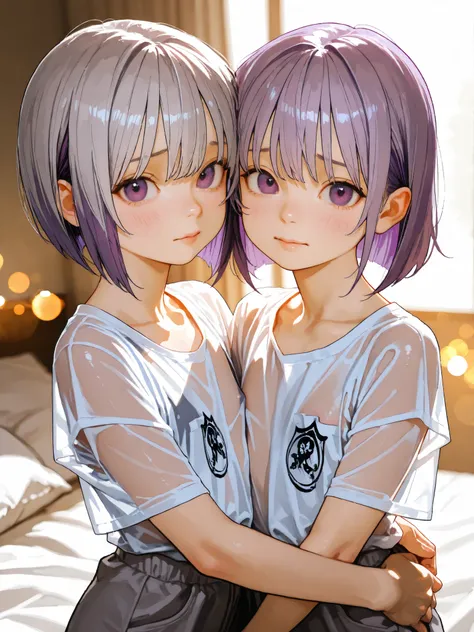 short girl, Sisters Girls,is young, flat chested,realisticな外観, big purple eyes, short bob、Two-tone purple hair and gray hair、transparent shirt、shy、hug each other、bed、細部にこだわったrealisticな影、movie stills, real、Highest Quality, realistic, 4K Rendering, ultra-fin...