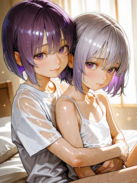 short girl, Sisters Girls,is young, flat chested,realisticな外観, big purple eyes, short bob、Two-tone purple hair and gray hair、white shirt、wet in the rain、shy、hug each other、bed、細部にこだわったrealisticな影、movie stills, real、Highest Quality, realistic, 4K Rendering,...