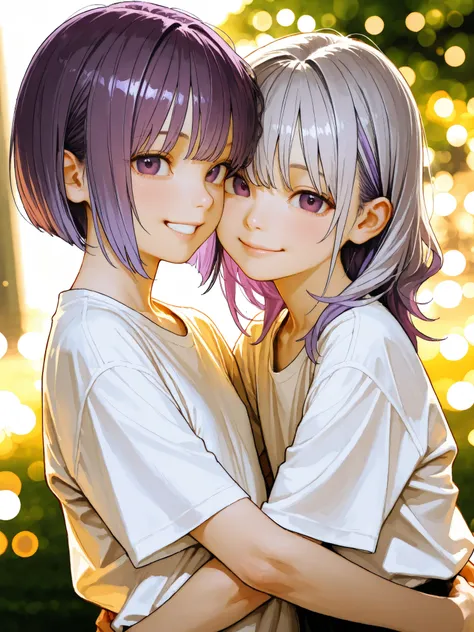 short girl, Sisters Girls,is young, flat chested,realisticな外観, big purple eyes, short bob、Two-tone purple hair and gray hair、white shirt、smile、hug each other、Outdoors、stage、細部にこだわったrealisticな影、movie stills, real、Highest Quality, realistic, 4K Rendering, ul...