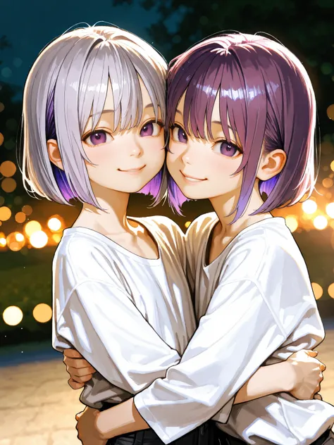 short girl, Sisters Girls,is young, flat chested,realisticな外観, big purple eyes, short bob、Two-tone purple hair and gray hair、Plain white shirt、smile、hug each other、Outdoors、stage、細部にこだわったrealisticな影、movie stills, real、Highest Quality, realistic, 4K Renderi...