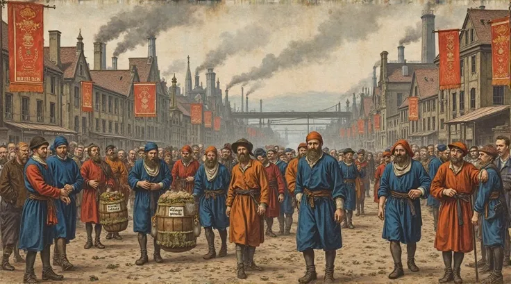 Prompt 10: "Smoke rises from crowded Thames-side factories as workers in indigo and russet haul barrels marked 'Sleep Pickles' through muddy lanes, under a gray dawn sky and flapping trade banners — late‑15th‑century illuminated manuscript miniature, tempe...