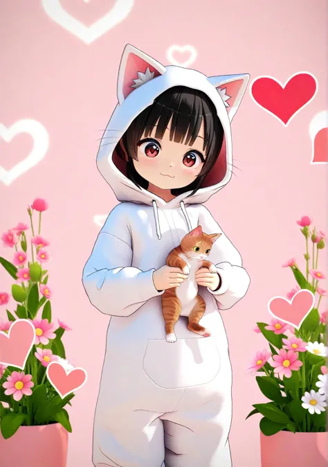 cat, cat costume, little rabbit dressed as a cat, cute, 3D, illustration, eyes are heart, nice, minimalist character, cat dressed, pop, hooded, hoodie with cat ears, flower garden in background