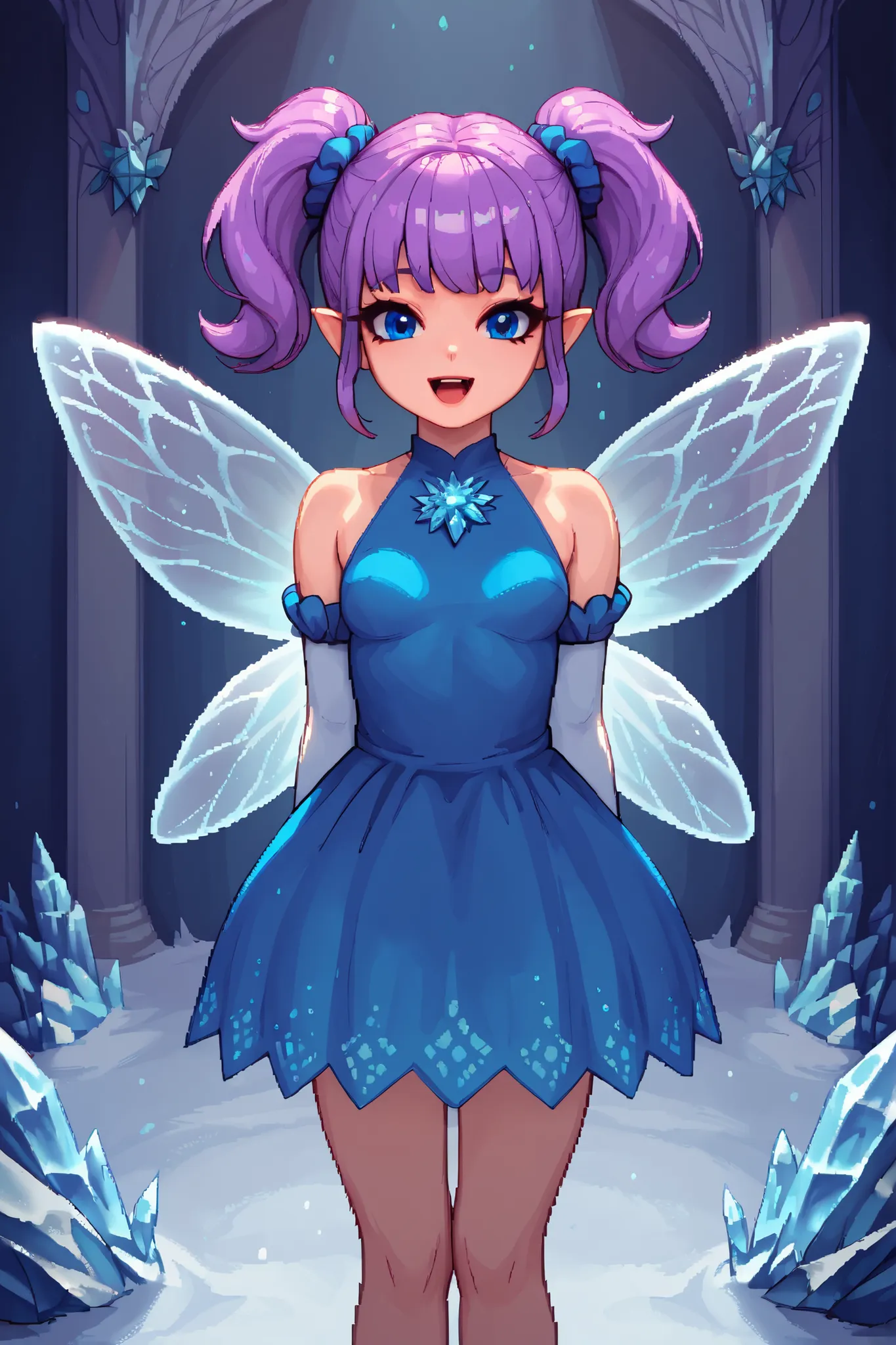 score_9_up, score_8_up, score_7_up, 1girl, solo, source_anime, pixel art, fairy, FairyForm, Fairy Wings, Wings BREAK
Short twintails, fairy wings, bangs, small breasts, purple hair, blue eyes, hair_scrunchie, blue_scrunchie BREAK
Shiny_dress, light blu...