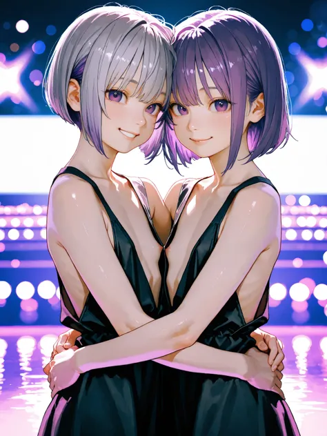 short girl, Sisters Girls,is young, flat chested,realisticな外観, big purple eyes, short bob、Two-tone purple hair and gray hair、Black Dress、no bra、smile、hug each other、Outdoors、stage、細部にこだわったrealisticな影、movie stills, real、Highest Quality, realistic, 4K Render...