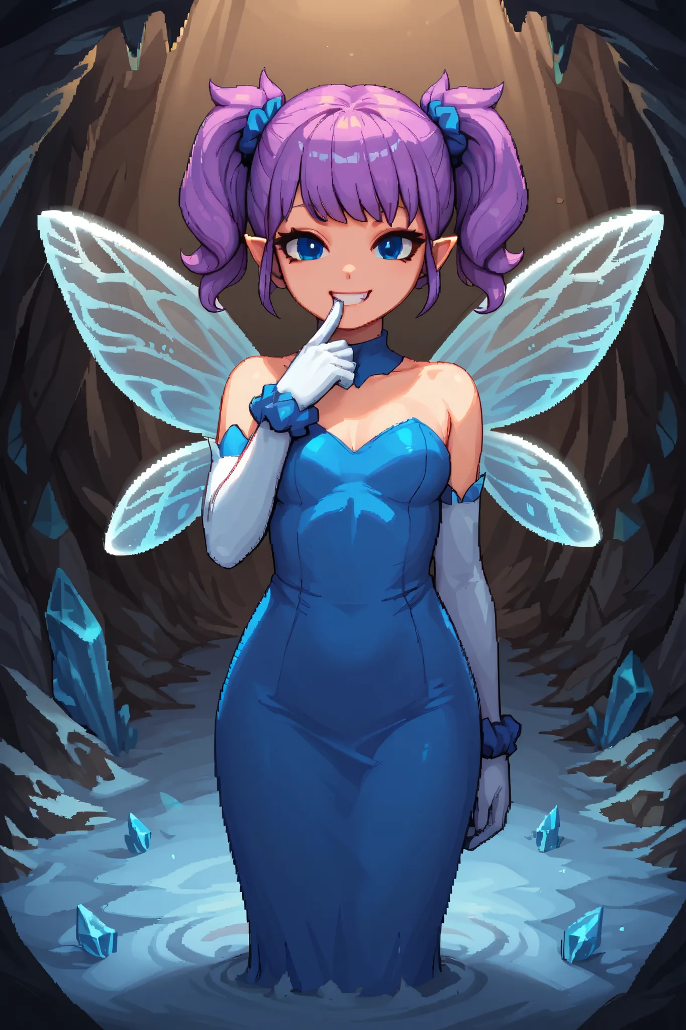 score_9_up, score_8_up, score_7_up, 1girl, solo, source_anime, pixel art, fairy, FairyForm, Fairy Wings, Wings BREAK
Short twintails, fairy wings, bangs, small breasts, purple hair, blue eyes, hair_scrunchie, blue_scrunchie BREAK
Shiny_dress, light blu...