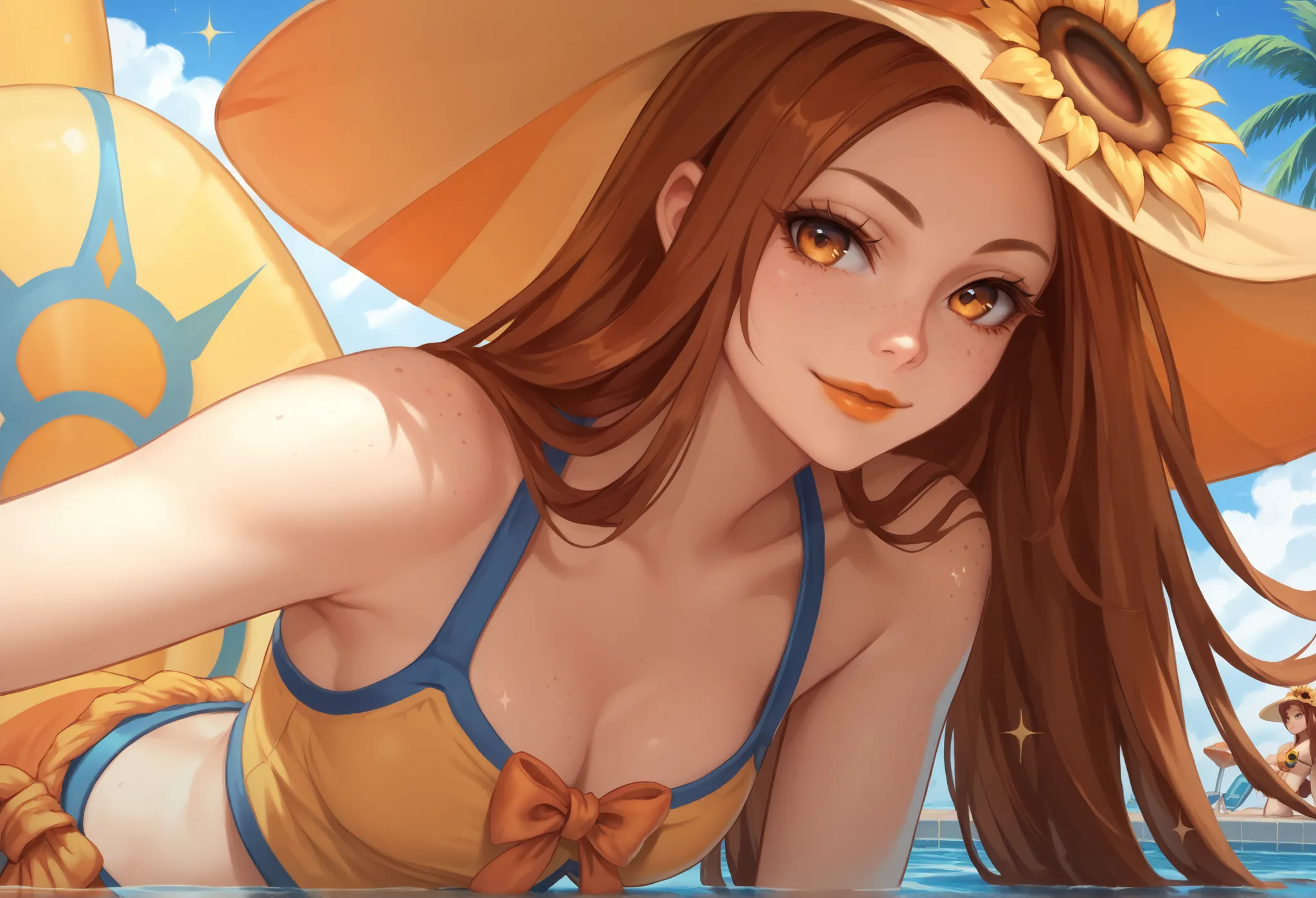  Leona, pool party leona, long hair, brown hair, straight hair, amber eyes, sunflower in hair, 1girl, freckles, warm smile, orange lips, looking at viewer,  solo,eye focus,face,close-up,eyelashes, sparkle