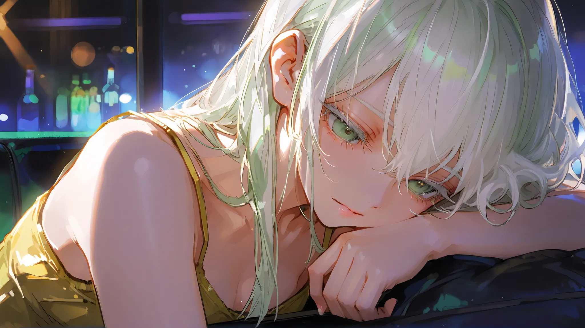 Masterpiece, top quality, good quality, average quality, super detailed, super beautiful, upper body, looking at me, one girl, in club, soft lighting, fine hair, sensitive, solo, white hair, light green eyes, white eyelashes, yellow-green camisole