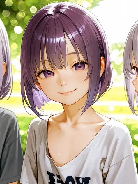 short girl, Sisters Girls,is young, flat chested,realisticな外観, big purple eyes, short bob、Two-tone purple hair and gray hair、plain t-shirt with extended collar、 loose chest、I can see my chest、smile、前かがみ、Outdoors、細部にこだわったrealisticな影、movie stills, real、Highe...