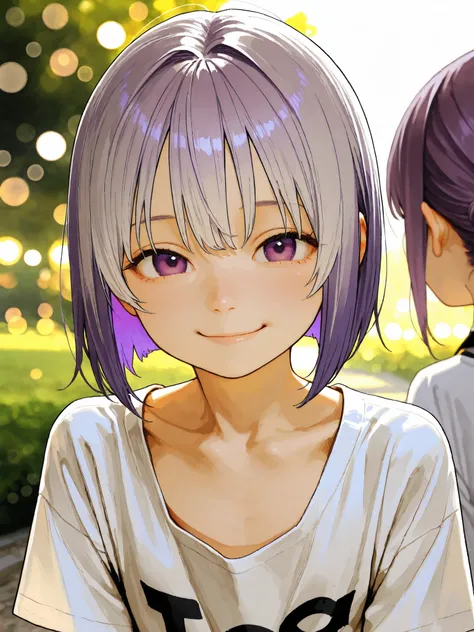 short girl, Sisters Girls,is young, flat chested,realisticな外観, big purple eyes, short bob、Two-tone purple hair and gray hair、plain t-shirt with extended collar、 loose chest、I can see my chest、smile、前かがみ、Outdoors、細部にこだわったrealisticな影、movie stills, real、Highe...
