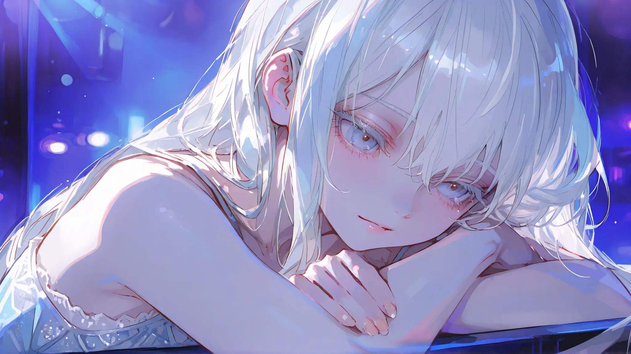 Masterpiece, top quality, good quality, average quality, super detailed, super beautiful, upper body, looking at me, one girl, in club, soft lighting, fine hair, sensitive, solo, long white hair, pale blue eyes, white eyelashes, light blue lamé camisole