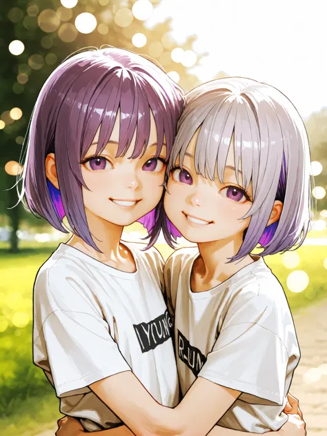 short girl, Sisters Girls,is young, flat chested,realisticな外観, big purple eyes, short bob、Two-tone purple hair and gray hair、plain t-shirt with extended collar、hug each other、 has a bright smile、Outdoors、細部にこだわったrealisticな影、movie stills, real、Highest Quali...