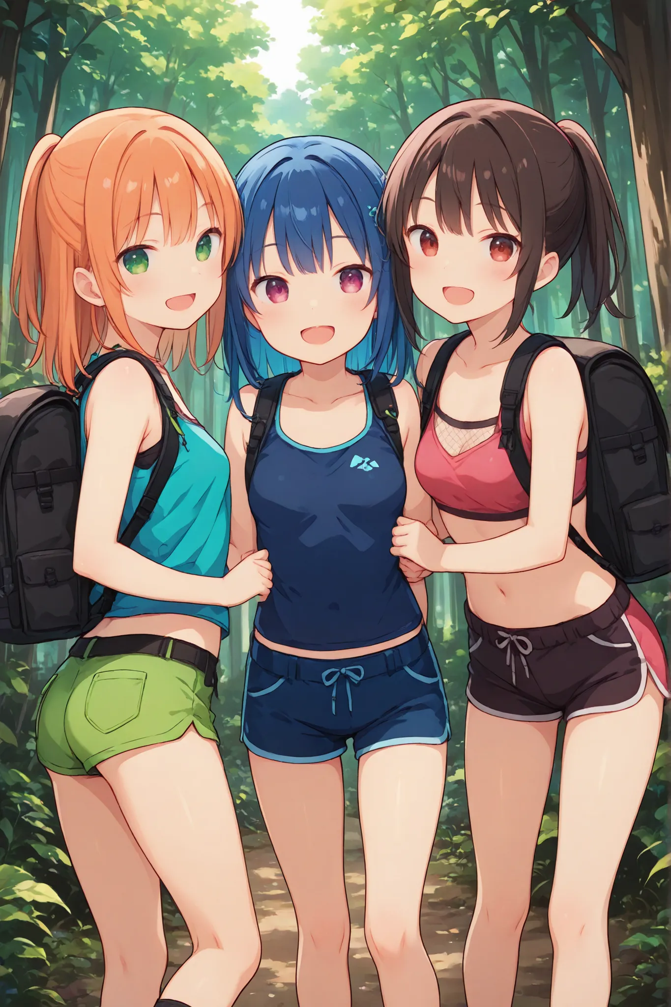 Three women in colorful vibrant short shorts, mesh spaghetti tops, hiking in a forest. They have small breasts. Their clothes are short and vibrant, different colors. They are having fun. Max detail
