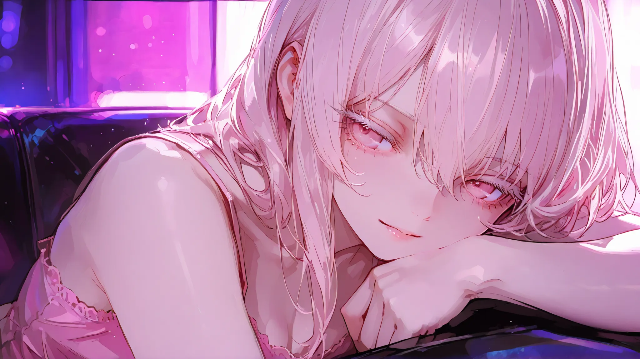Masterpiece, Top Quality, Good Quality, Medium Quality, Super Fine Detail, Superb Shape, One Girl, Top Half, Looking Towards, In Club, Soft Lighting, Fine Hair, Sensitive, Solo, Pale Pink Hair, Pale Pink Eyes, White Lashes, Pink Camisole