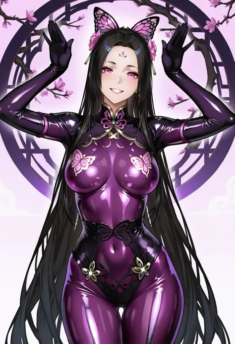 Diao Chan. Black hair. Forehead. Butterfly hair accessory. Glossy. Brainwashed eyes. Pink eyes. Grin. Shiny powder costume. Metallic purple bodysuit. Black long gloves. Firm breasts. Slim waist. Thighs. Sheep pose. Standing with a tilt.