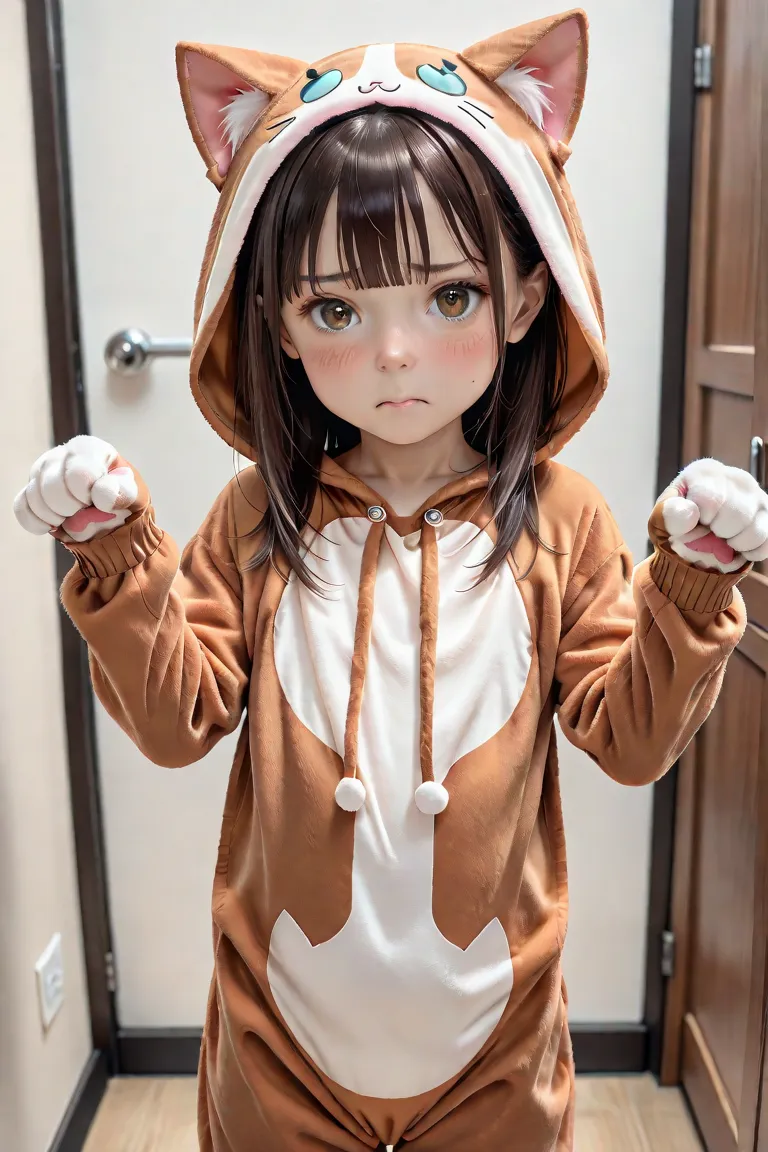 score_9, score_8_up, score_7_up, masterpiece, best quality,  AI-generated background, (high brightness:1.2), (slim:1.4), (Japanese toddler:1.0),skin details, detailed face, (shiny hair, dark brown hair, bangs, short straight hair:1.2), embarrassed, (cat costume:1.4),