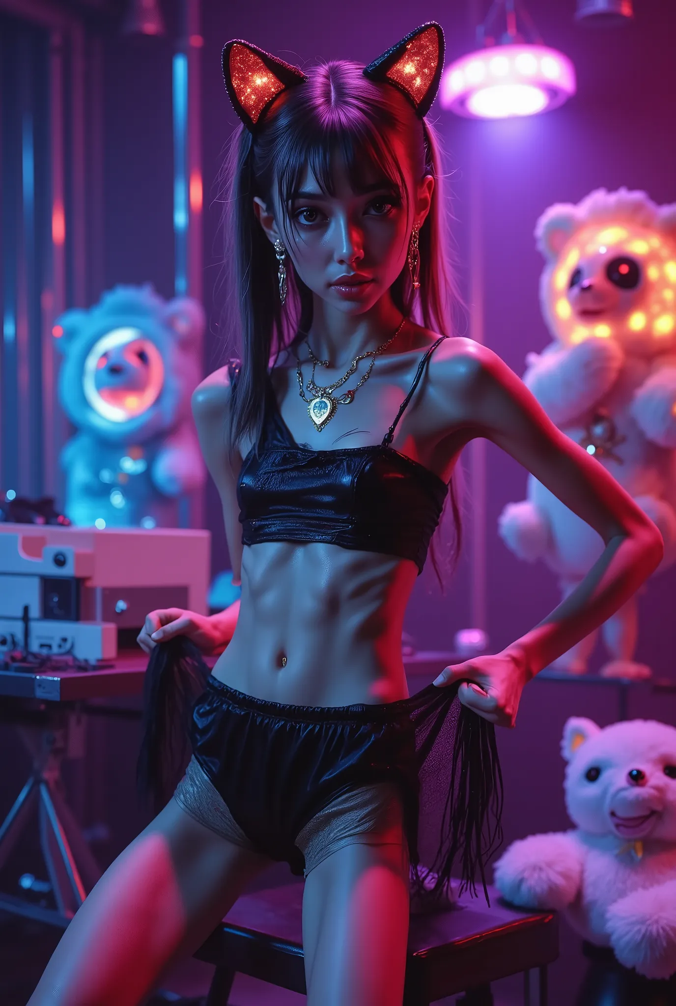 "The extremely thin young Chinese DJ with a very thin waist of 1,2cm dances frantically in an abandoned industrial warehouse, wearing a black one-shoulder cropped top with a cute skull print with eyes in a heart that leaves your belly totally exposed. Her ...
