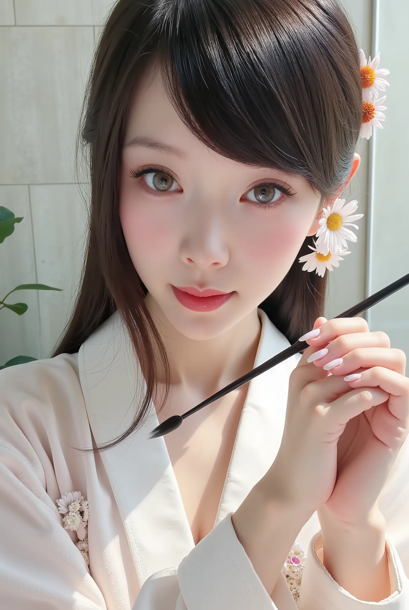  Photorealistic Painting , 超high resolution (Highly  detailsed, The intricate presentation) ( masterpiece,  a work of art )  dynamic lighting, captures the subtlety of the subject (detailed face, 每一个 details都细腻地展现) A white kimono, Delicate collar, and belt...