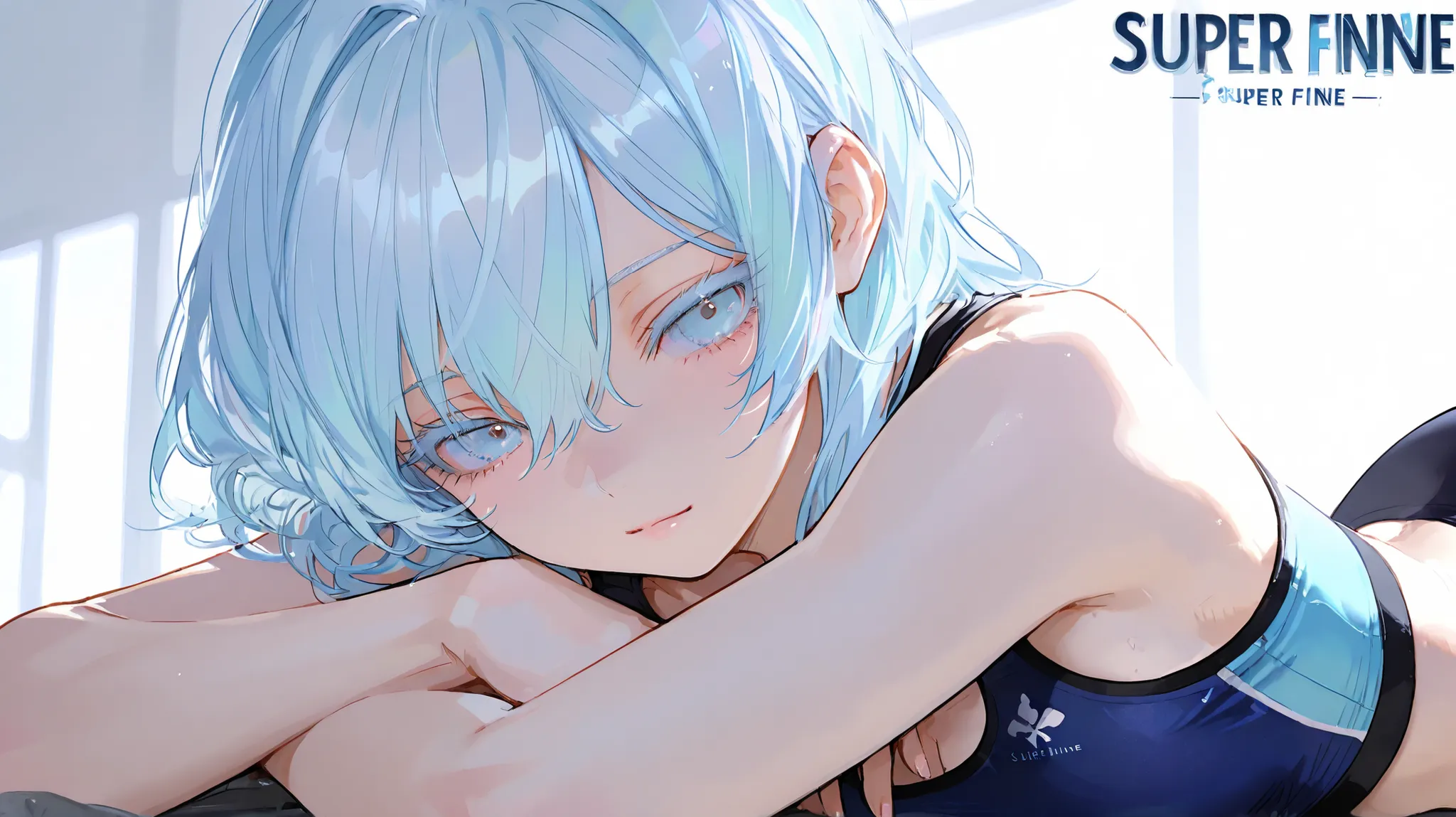 Keywords : masterpiece, top quality, good quality, average quality, super fine, super fine shape, one girl, fitness, soft lighting, fine hair, sensitive, solo, light blue hair, light blue eyes, white lashes,...