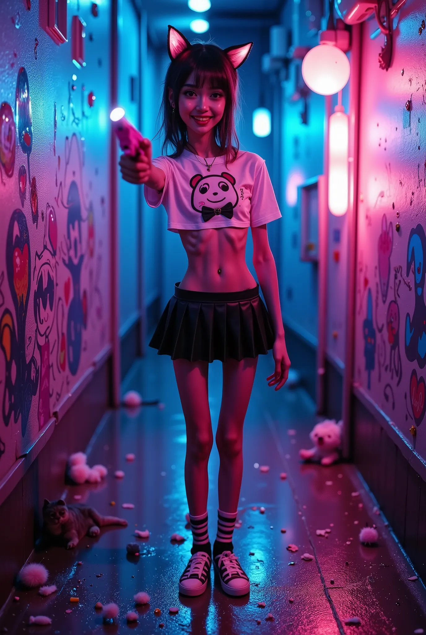 "Ultra-detailed close-up of a bizarre macabre anime-style scene (psychedelic horror:1.7), illuminated by broken blue and pink neon lights: A skinny young Chinese girl (1.4) with cat ears (nekomimi:1.4) is standing in a dirty alley, wearing a short white ...