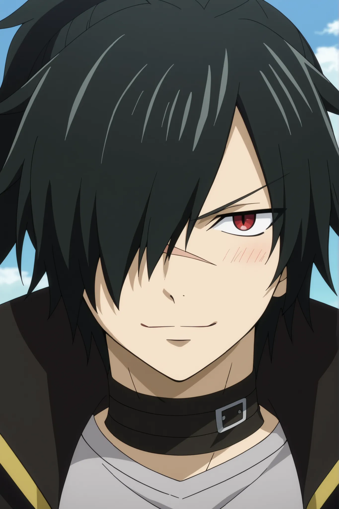close-up, front view, score_9, score_8_up, score_7_up, source_anime, rating_safe, intricate details, anime screencap, 1boy, solo, male focus, rogue_cheney, black hair, red eyes, ponytail, hair over one eye, scar, tattoo, , happy, a light gray sleeveless sh...