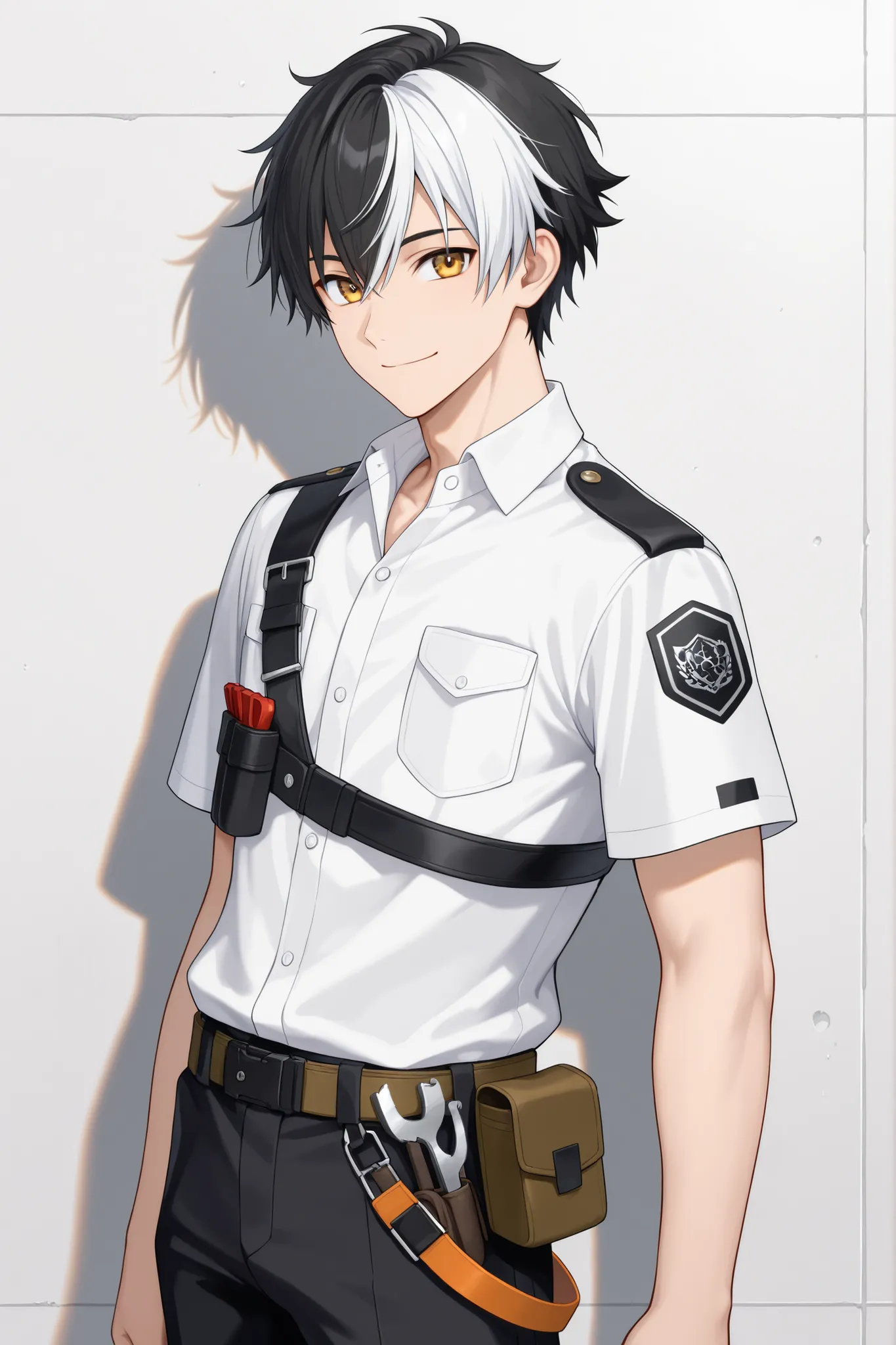 solo, looking at viewer, short hair, shirt, black hair, 1male, closed mouth, smile, white shirt, male focus, cowboy shot,short sleeves, pants, belt, pocket, pouch, breast pocket, Tools, shoulder straps, Black and white two-tone hair, Body slightly sideways...