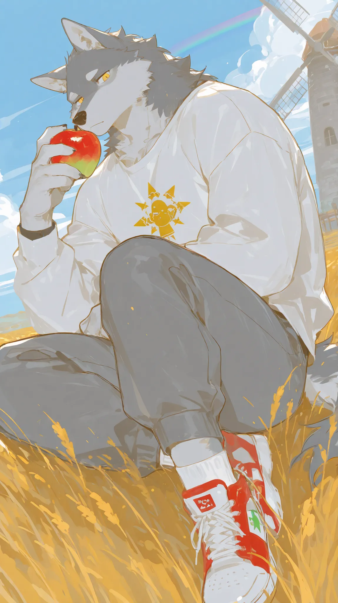 1 Uncle,(((middle-aged_male:1.5))),old_man:0.5,Blue Wolf,furry,white shirt,Light grey strappy pants, white socks,cheeks are slightly red in the reference image, and looks shy ,holding an apple in their hands,black and red color matching sneakers,Sitting in...