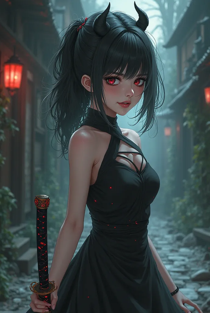 A girl anime manga version with demon features 
Wearing a black dress and a black Japanese katana full of poison 