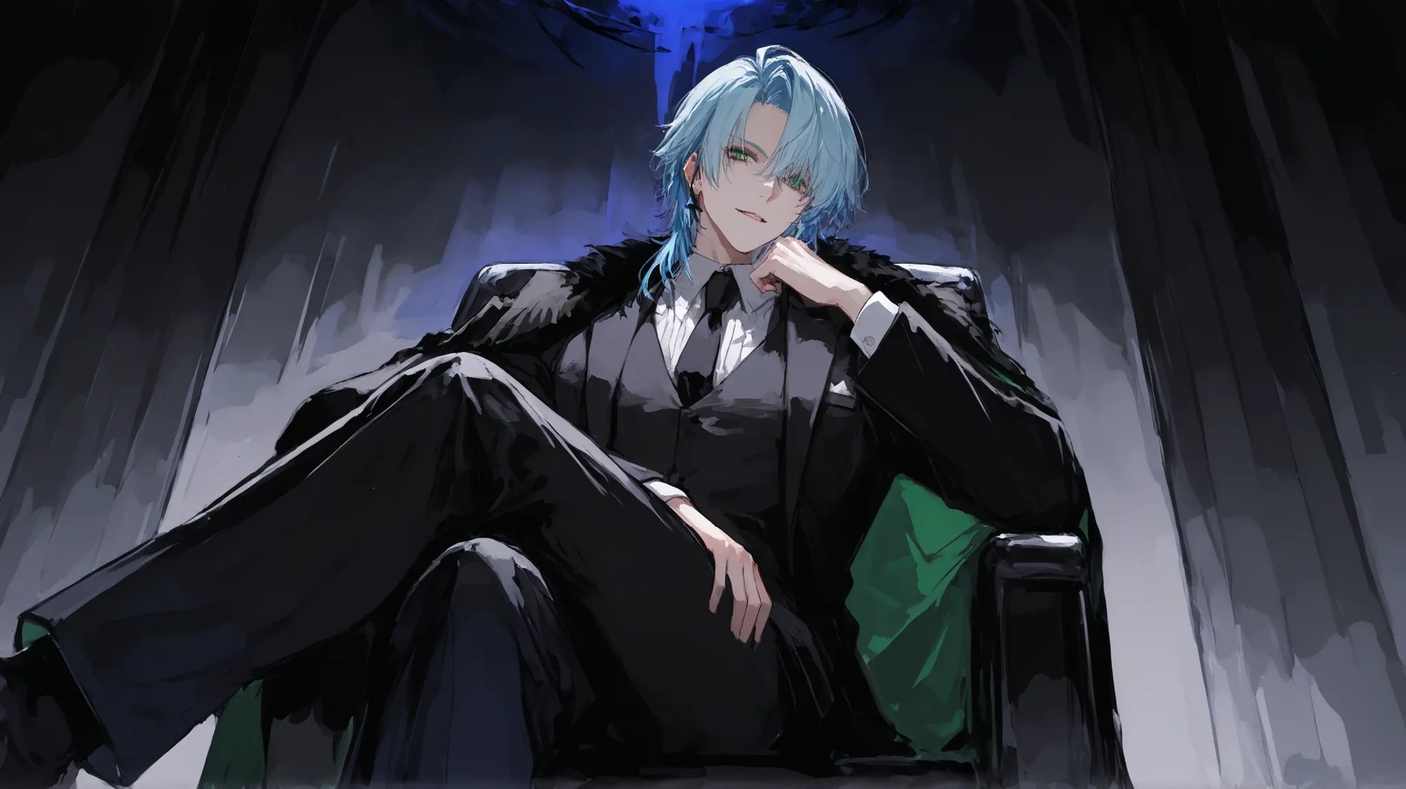 Highest Quality　male　front　mafia　Dark Atmosphere　pale light blue hair　Crossed Legs　Dark blue-green eyes　Alluring　
