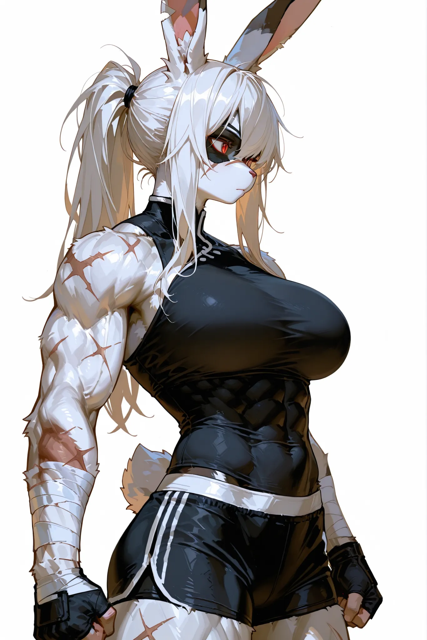 1 Girl,The deviant rabbit girl,furry(Beast 1.2),Big breasts,long hair,Ponytail,Fighter,unclothed,上半身被bandage包裹,black tight shorts,bandage,muscles,scar,standing,high quality, exquisite,Realism,major,4K,rich in detail,HDR,UHD,major拍摄,white background,strengt...