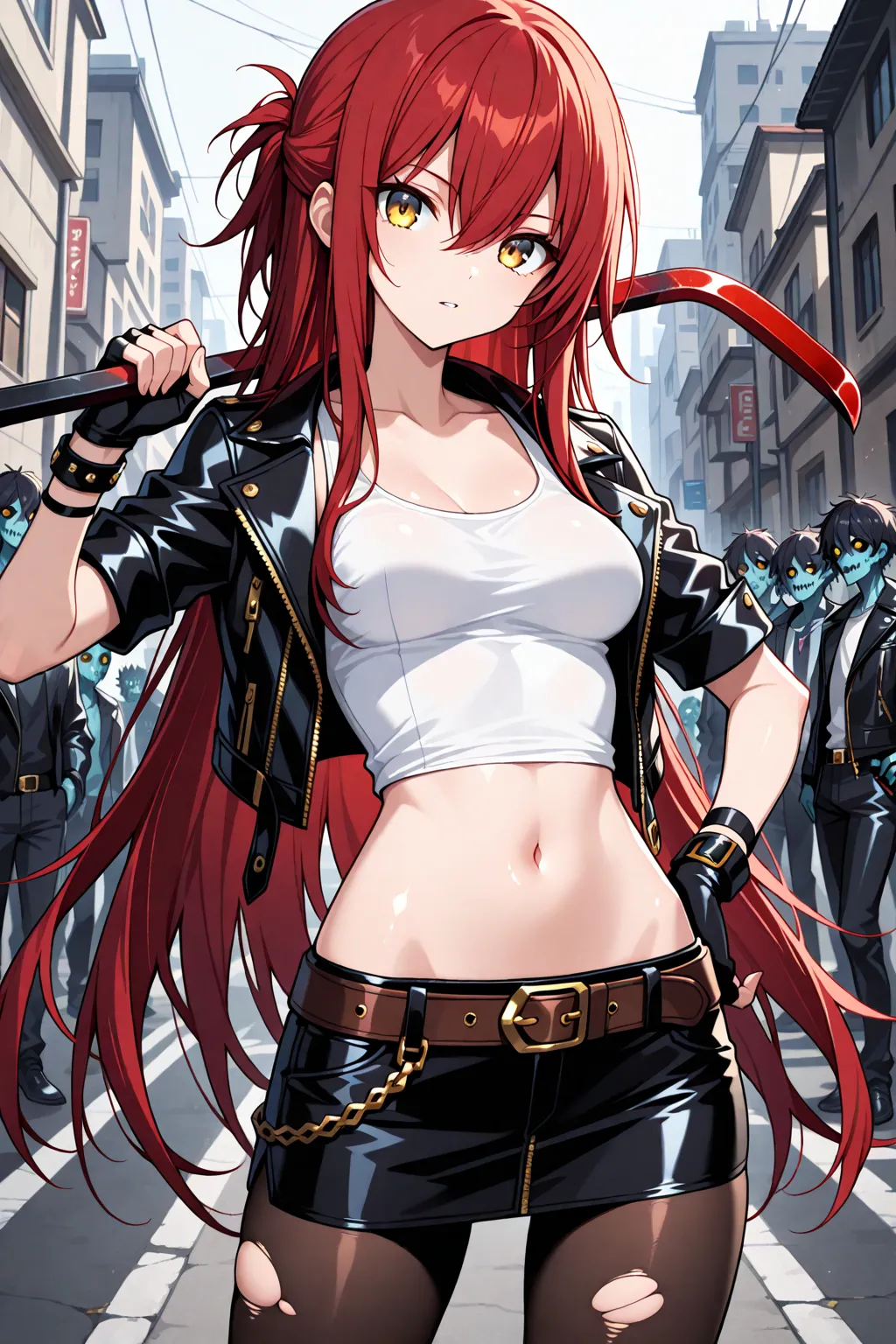 1 girl , golden eyes , very long hair , long sidelocks, red hair ,half updo, petite , very cute , beautiful ,Straight hair, cool, handsome, hair between eyes, sexy, medium breasts, messy hair, leather jacket, navel, miniskirt, white tank top ,leather belts , torn pantyhose, fingerless gloves, wrist bands,Wielding crowbar on shoulder in a hand, hand on hip, bare hips, shiny skin, parted lips, cute, beautiful face, messy street,  tilt head, zombies behind, surrounded by zombies, Dutch angle