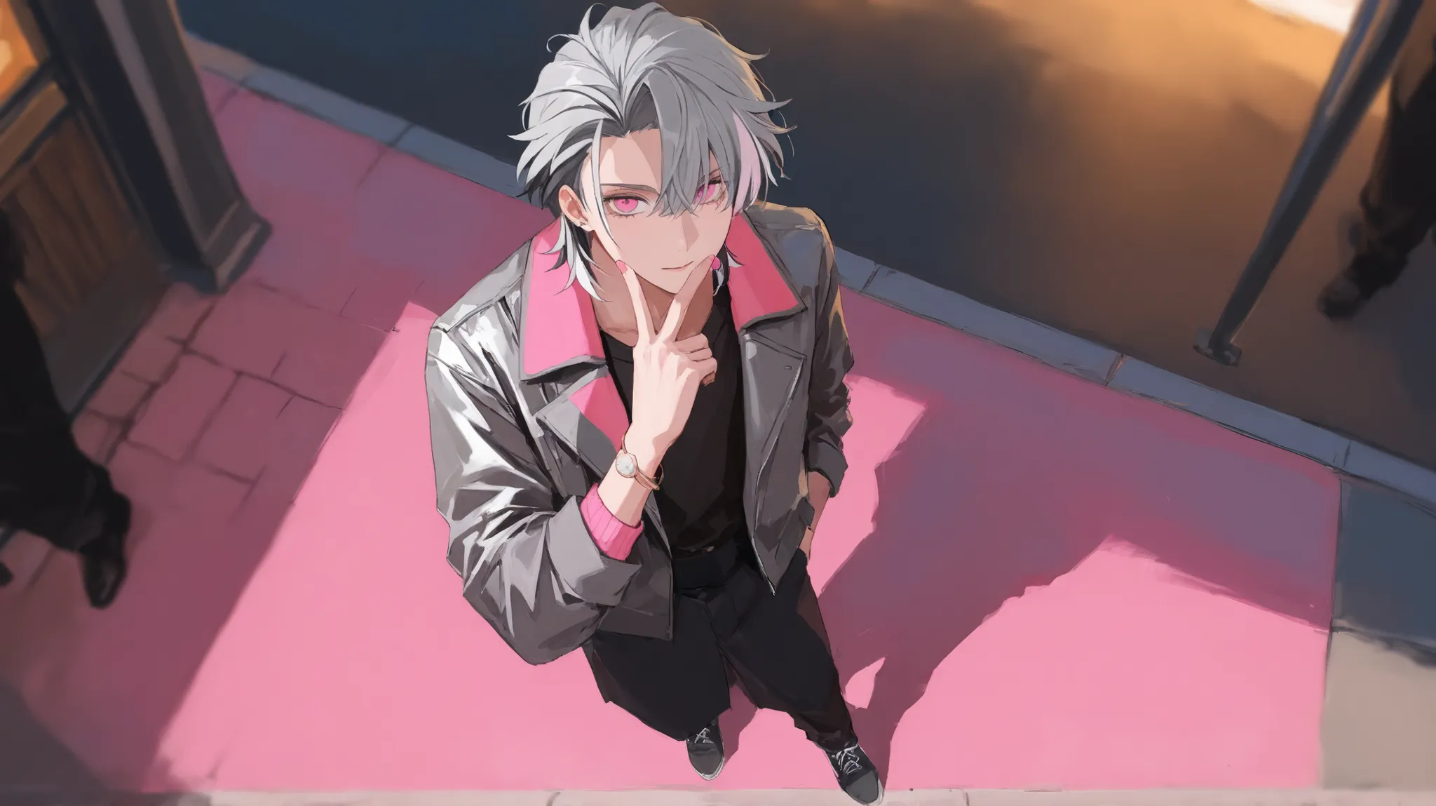 Highest Quality　male　full body　turn around　front　street fashion　Gray Hair　hair tips are pink　shocking pink eyes　mischief　