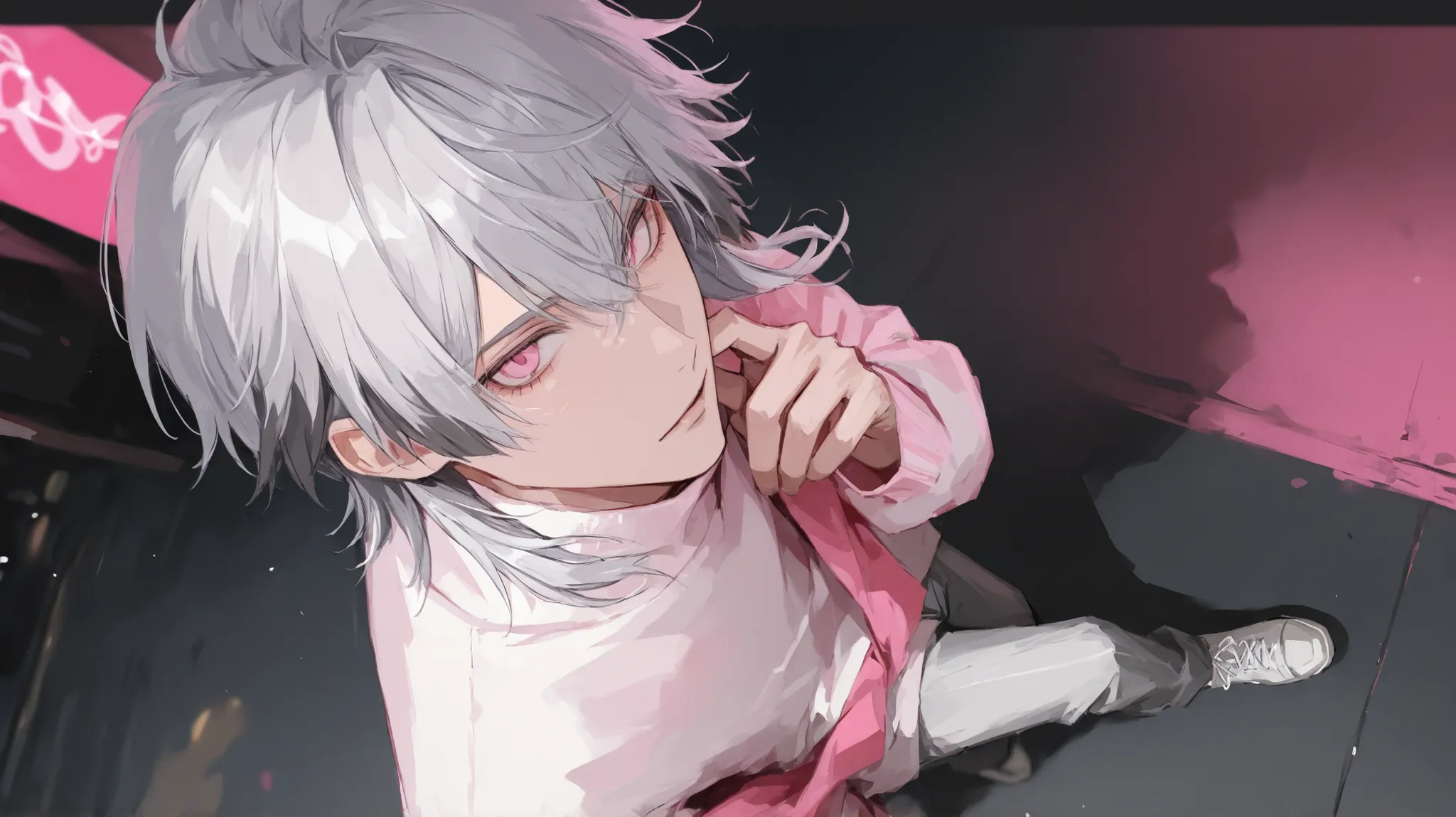 Highest Quality　male　full body　high angle　front　street fashion　white clothes　Gray Hair　hair tips are pink　shocking pink eyes　mischief　