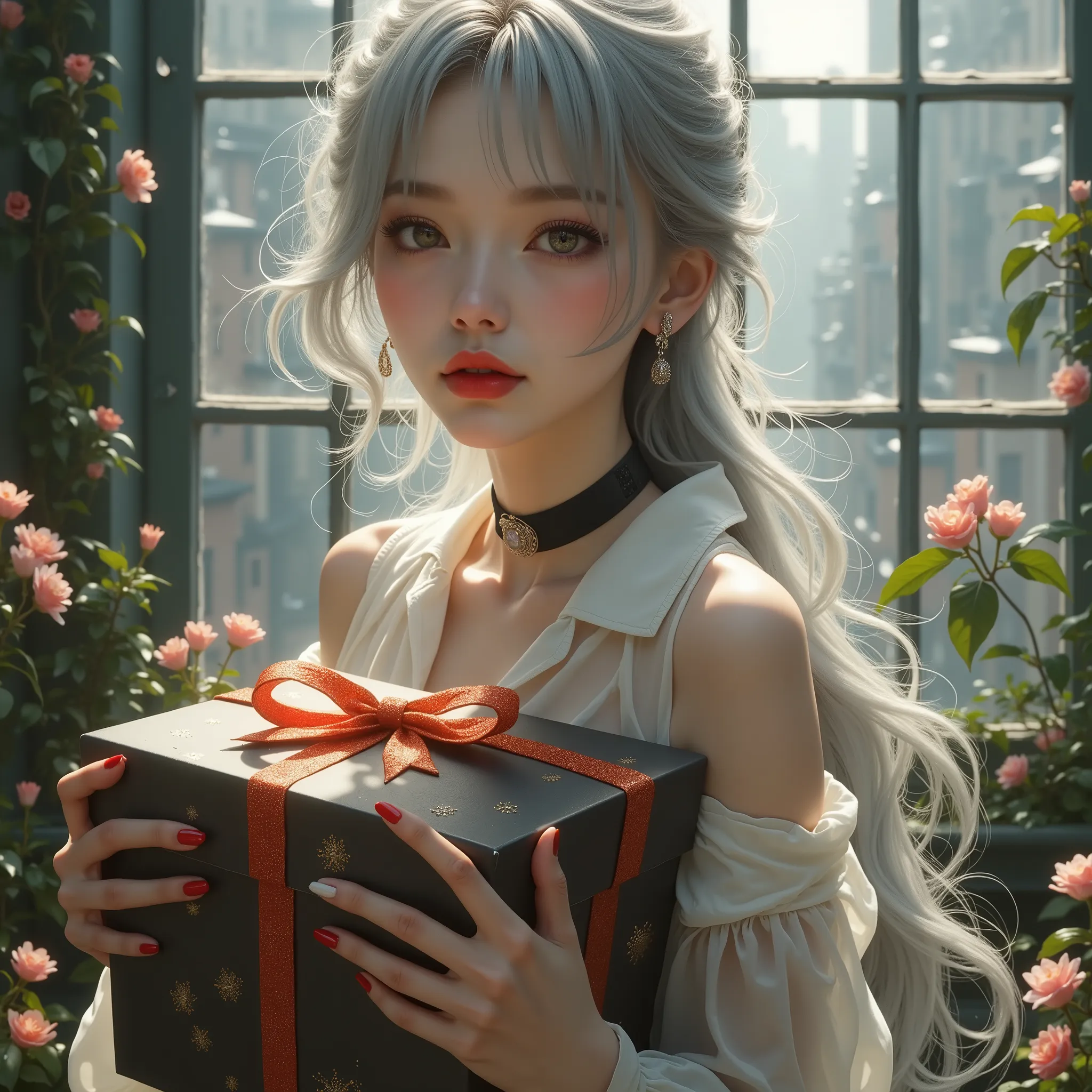 ((Woman standing inside a gift box))、(masterpiece、Highest Quality、steampunk art、sunlight、(Overlooking the area)、Super Detail、written with thigh composition、Magic Rim、Gray Hair、Real queen、 red lips、Super Detail、very detailed、(high contrast:1.11)、wind、great、...