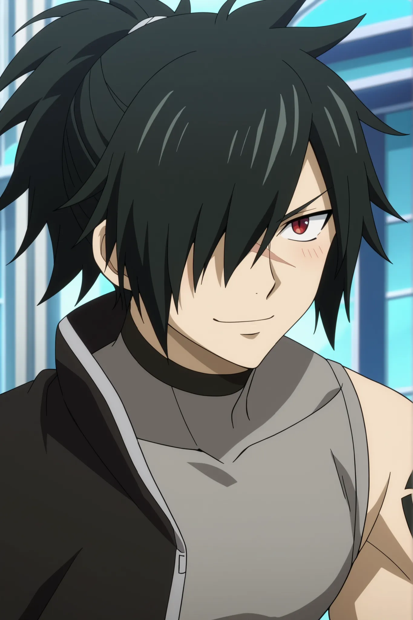 close-up, front view, score_9, score_8_up, score_7_up, source_anime, rating_safe, intricate details, anime screencap, 1boy, solo, male focus, rogue_cheney, black hair, red eyes, ponytail, hair over one eye, scar, tattoo, , happy, a light gray sleeveless sh...