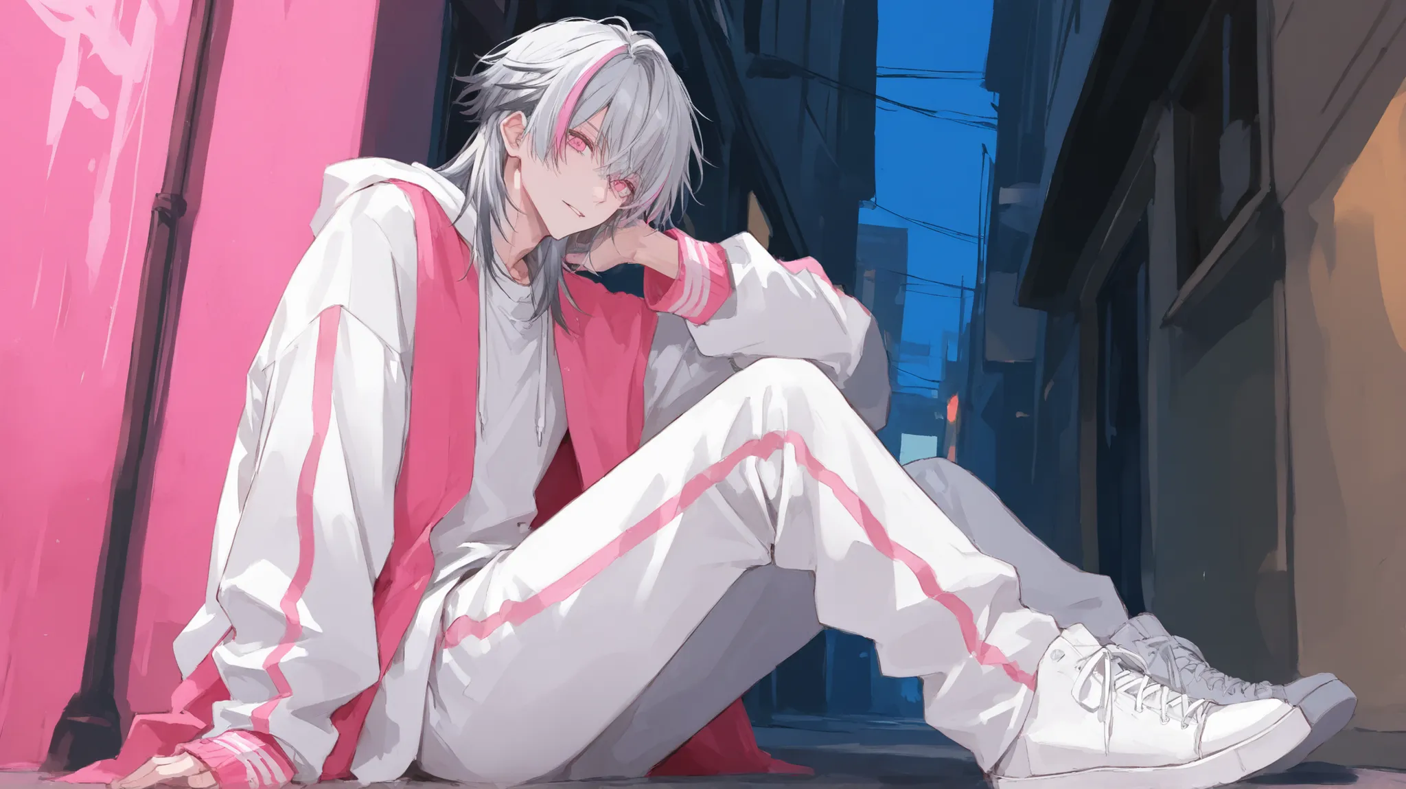 Highest Quality　male　full body　turn around　front　street fashion　white clothes　Gray Hair　hair tips are pink　shocking pink eyes　mischief　