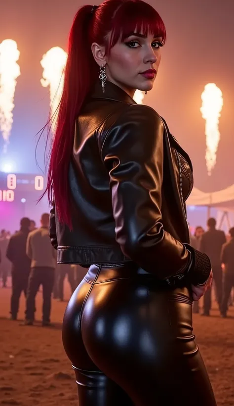 Photorealistic portrait of a stunning woman at Wacken Open Air, masterpiece, best quality, 8K, ultra-detailed, natural cinematic lighting, curvy hourglass figure with wide hips and large breasts, wearing a black leather jacket with weather-worn texture and...