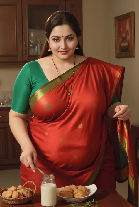(Centered composition, cinematic lighting, detailed background) — A high-resolution, ultra-detailed painting in the style of renowned Indian artist Manimala, mature South Asian woman, chubby woman, voluptuous figure, full-figured, fleshy curves, Indian aun...