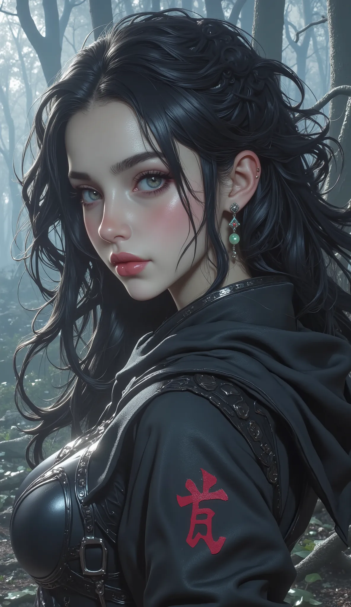 ((1 menina, Sozinho, Reina Morimoto, Morimoto_rainha, (olhos azuis, coque de cabelo, coque alto), batom, brincos de jade, musculoso, fitness)), bela)), ((Sozinho, ([1mulher, pink batom), extremely detailed, soft ambient lighting, 4k, olhos perfeitos, um ro...