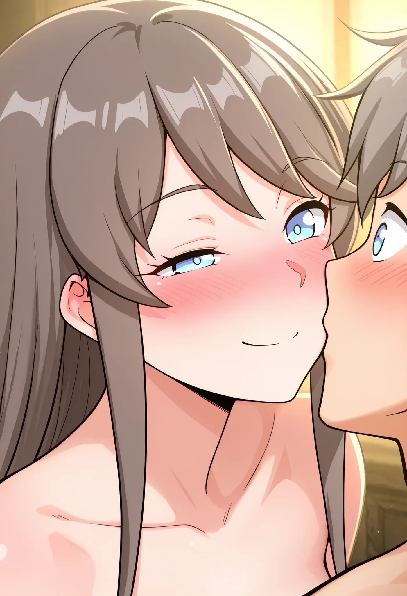 BREAK masterpiece, best quality), amazing quality, absurdres, highres, newest, HDR, 8K, 1girl, tilly_wimbledon, grey hair, long hair, blue eyes, nude, surprise kiss, closed mouth, orgasm, kissing cheek, hetero, blush, smile, 1boy, one closed eye