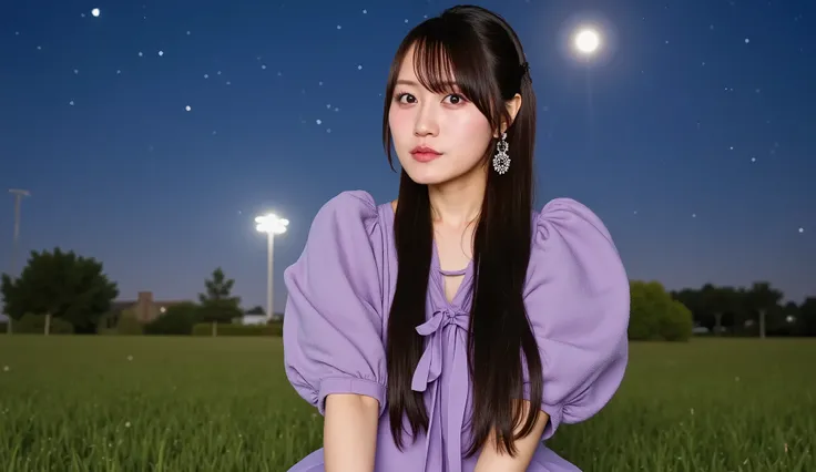 A cute Japanese woman sitting on a grassy field under a beautiful starry sky, wearing fluffy Night purple off shoulder. She is sitting with her knees bent, looking relaxed and peaceful. The atmosphere is serene, with soft glowing stars in the sky and a gen...