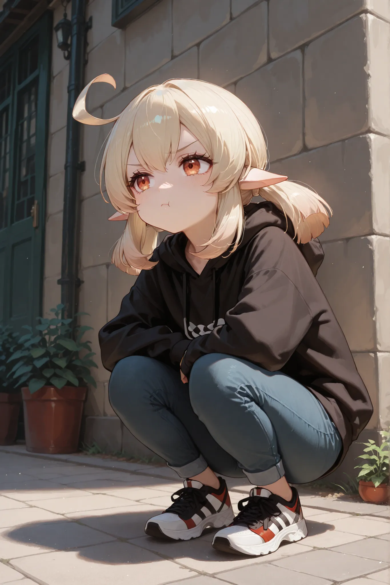 masterpiece, newest, absurdres, best quality, hires, 1girl, klee \(genshin impact\), outdoors, black hoodie, pants, sneakers, squatting, pouting, looking away