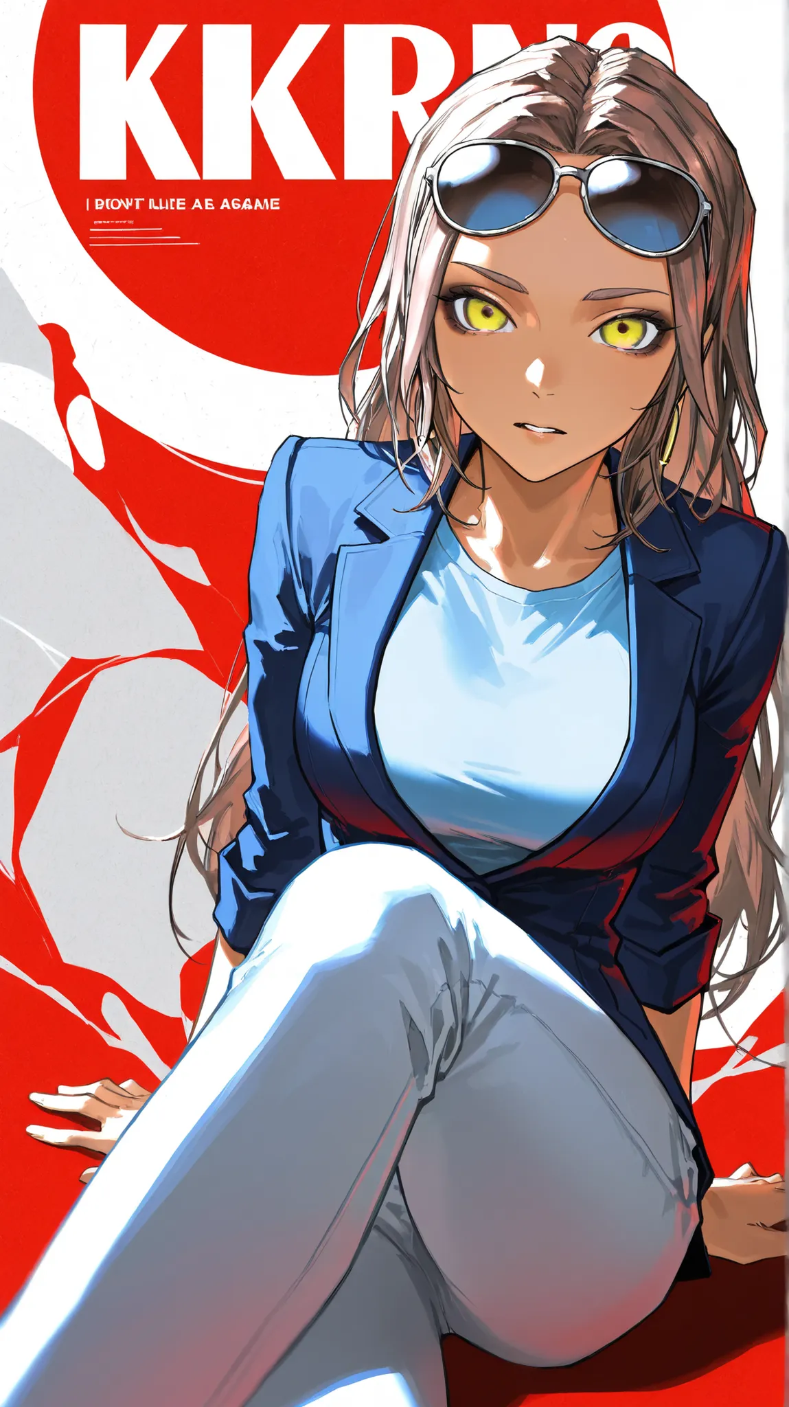 (by wanke:0.4), (by quasarcake:0.6),  (by dino \(dinoartforame\):0.9), mirka, 1girl, brown hair, long hair, long hair, black eyeshadow, blue blazer, cropped blazer, light blue t-shirt, printed t-shirt, white pants, sitting on the ass, bent leg, looking at ...
