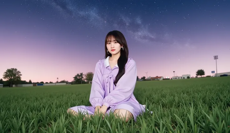 A cute Japanese woman sitting on a grassy field under a beautiful starry sky, wearing fluffy Night purple off shoulder. She is sitting with her knees bent, looking relaxed and peaceful. The atmosphere is serene, with soft glowing stars in the sky and a gen...