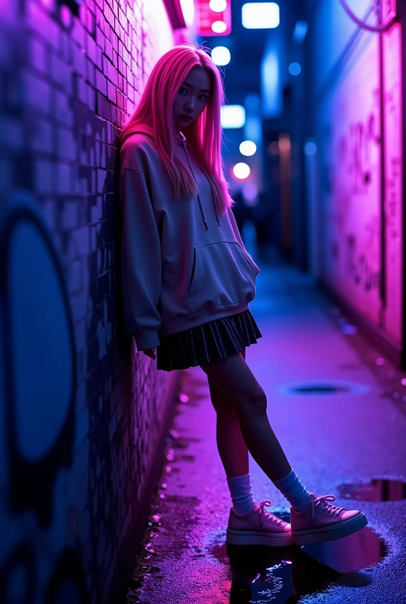 Kin Jay, a stylish Japanese girl with long pink hair, casually leaning against a graffiti-covered wall in a narrow Tokyo alley glowing with purple and blue neon lights. She wears oversized hoodie, pleated skirt, high socks and platform sneakers. Her silhou...