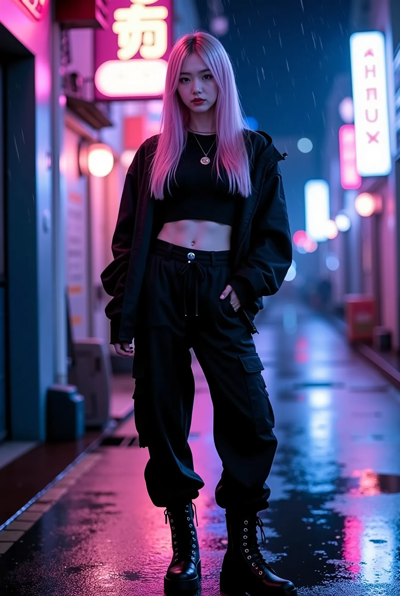 Moody cinematic photo of Kin Jay, a 22-year-old Japanese woman with long pastel pink hair, middle-parted, no bangs, standing alone in a neon-lit alleyway in Tokyo at night. She wears edgy streetwear: black crop top, cargo pants, chunky boots, and a loose b...
